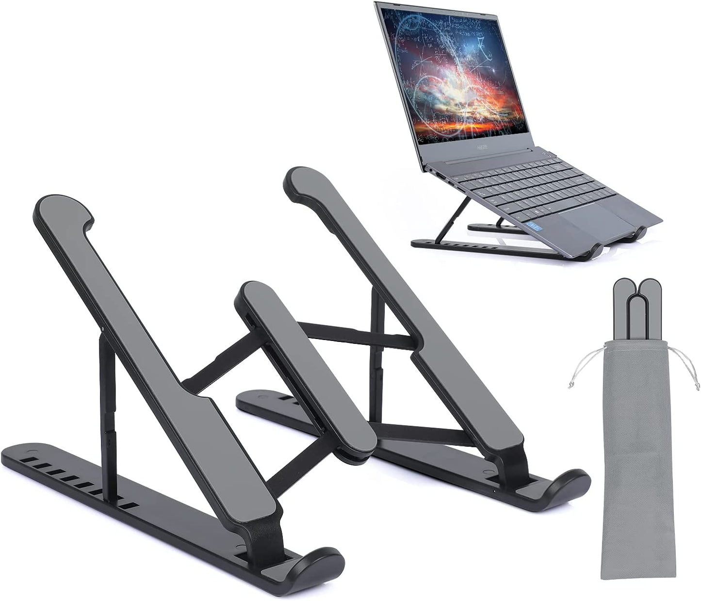 Foldable laptop stand for bed lightweight ventilate portable laptop stand with 7-Level adjustable Height for 11 – 15 Inch notebook stand ABS High Quality plastic laptop stand with aluminum center rod and non-slip silicon grip.