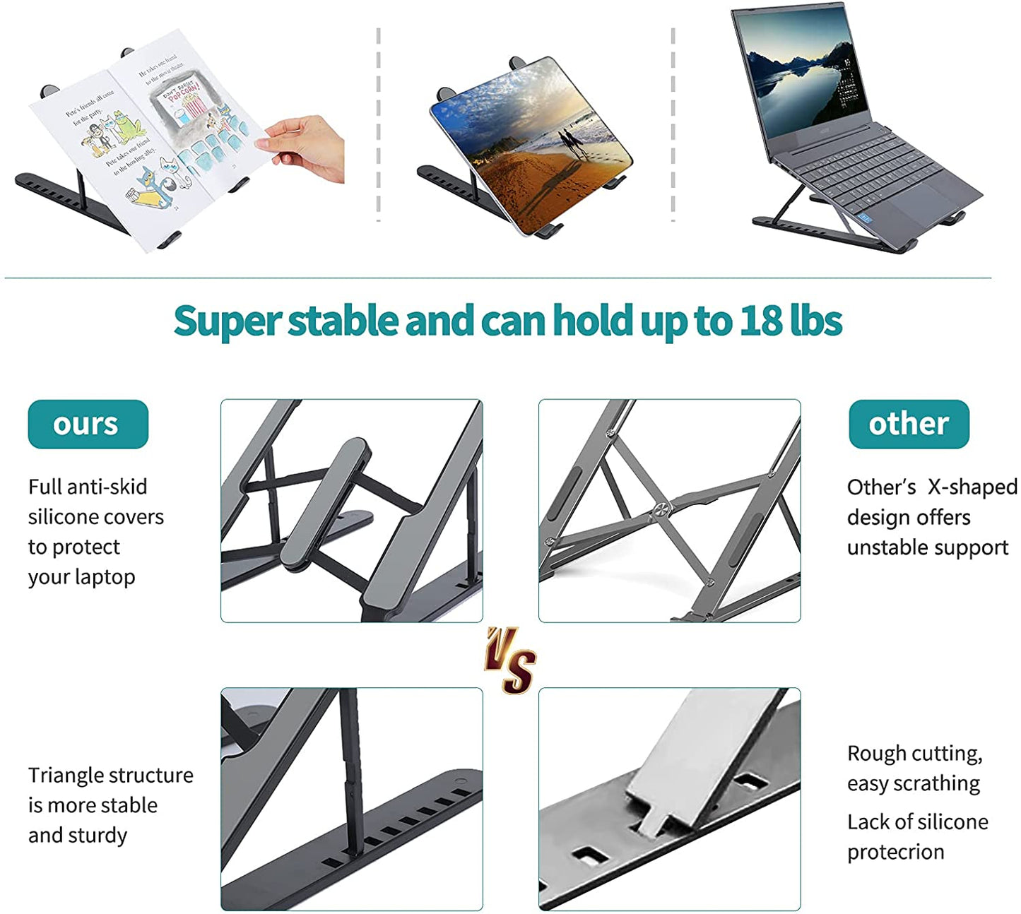 Foldable laptop stand for bed lightweight ventilate portable laptop stand with 7-Level adjustable Height for 11 – 15 Inch notebook stand ABS High Quality plastic laptop stand with aluminum center rod and non-slip silicon grip.