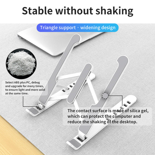 Foldable laptop stand for bed lightweight ventilate portable laptop stand with 7-Level adjustable Height for 11 – 15 Inch notebook stand ABS High Quality plastic laptop stand with aluminum center rod and non-slip silicon grip.