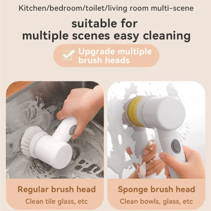 5in1 Rechargeable Magic Brush Car Waxing Handheld Scrubber 360 Degree Rotate with 3 Replaceable Multipurpose Brush Heads Kitchen Dishwashing Sponge Electric Cleaning BrushLow