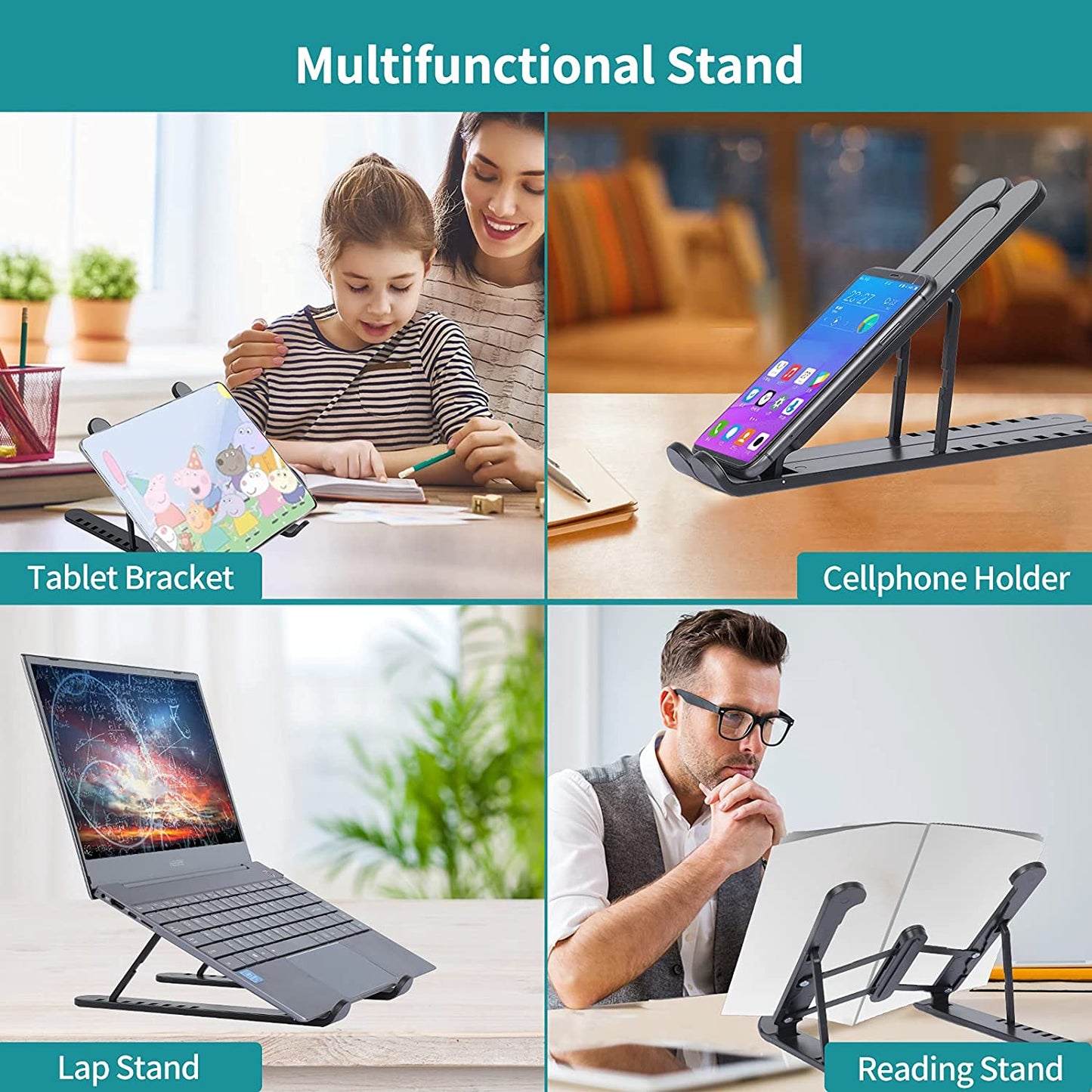 Foldable laptop stand for bed lightweight ventilate portable laptop stand with 7-Level adjustable Height for 11 – 15 Inch notebook stand ABS High Quality plastic laptop stand with aluminum center rod and non-slip silicon grip.